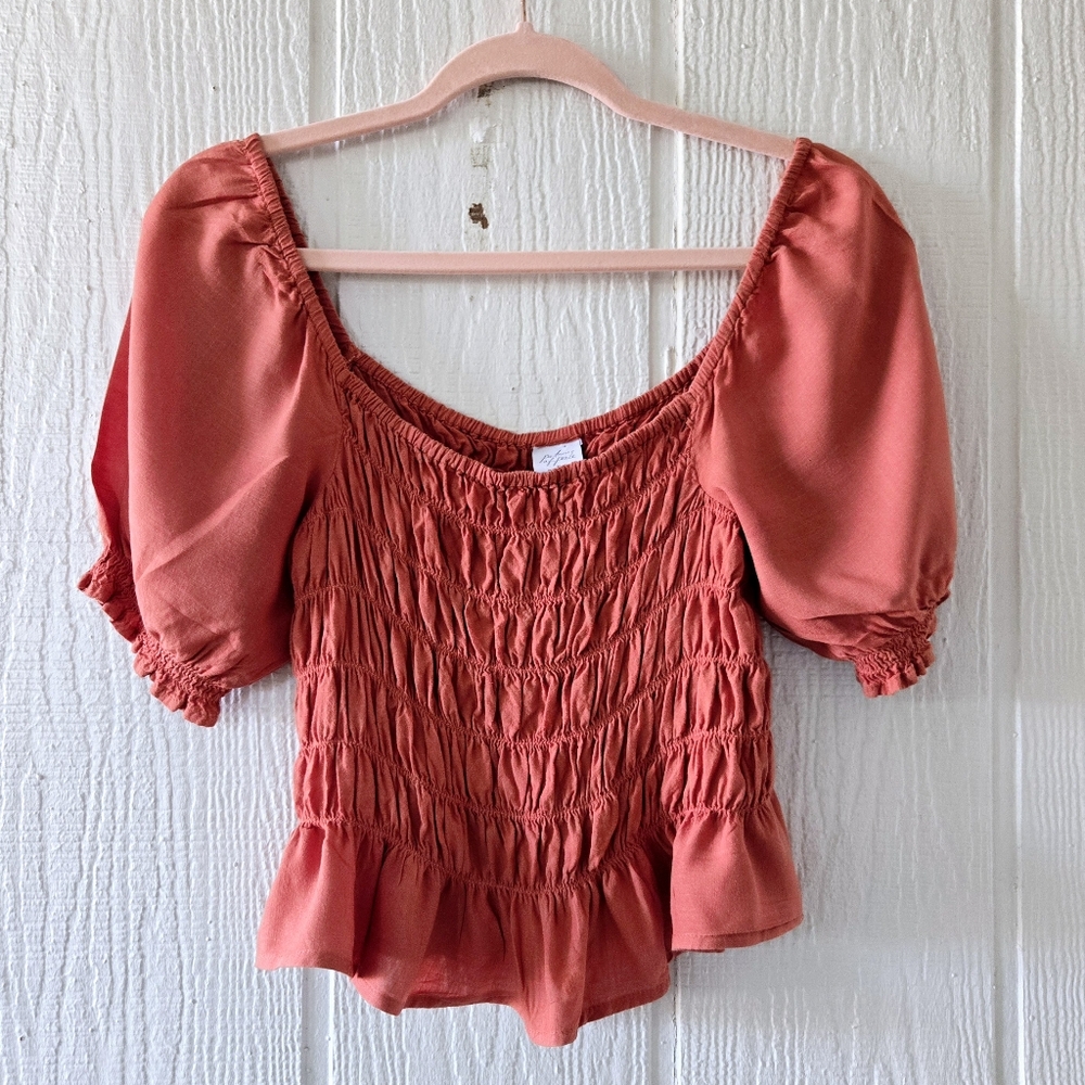 Patrons Of Peace Off The Shoulder Smocked Cropped Peasant Top Orange Medium